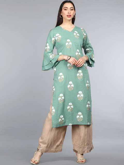 

AHIKA Women Green Floral Dyed Flared Sleeves Thread Work Kurta