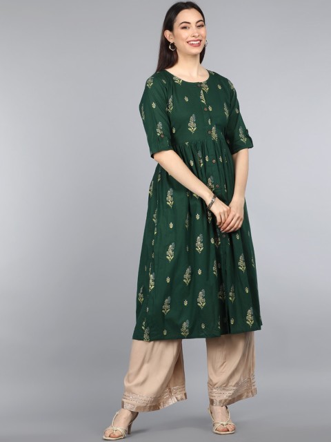 

AHIKA Women Green Printed Keyhole Neck Mirror Work Kurta