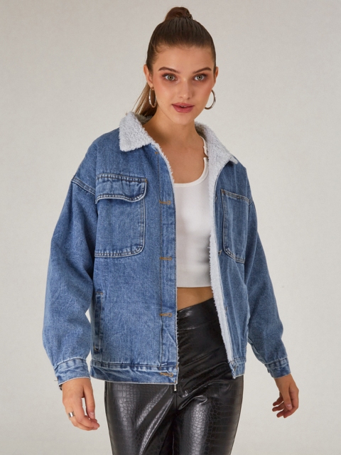 

URBANIC Women Blue Denim Jacket With Faux Fur Lining