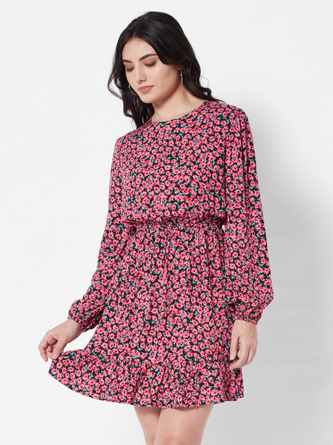 

URBANIC Black & Pink Floral A-Line Dress