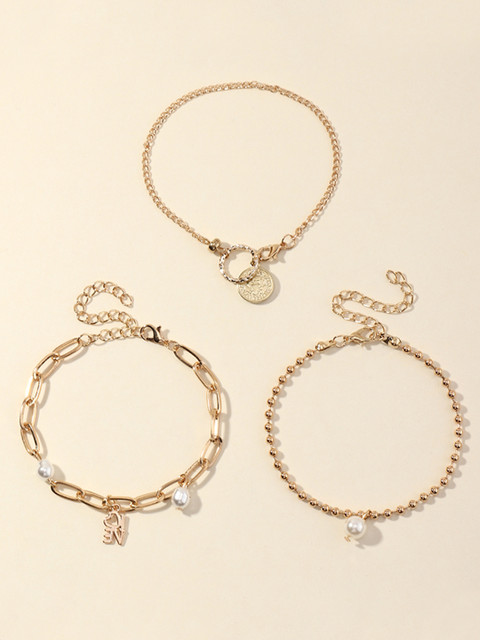 

URBANIC Women Set of 3 Gold-Toned Pearls Charm Bracelet