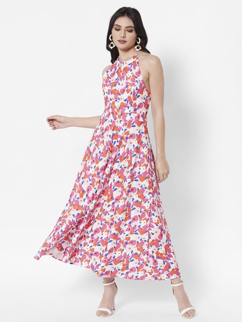 

URBANIC Pink & White Printed Halter Neck Maxi Dress