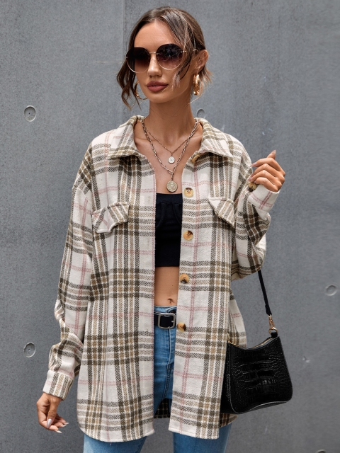 

URBANIC Women Khaki & White Checked Longline Tailored Jacket
