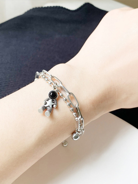 

URBANIC Women Silver-Toned & Black Beaded Dual-Strand Link Bracelet