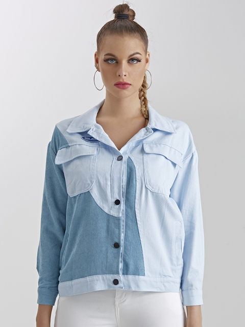 

URBANIC Women Blue Colourblocked Corduroy Jacket with Patchwork Detail