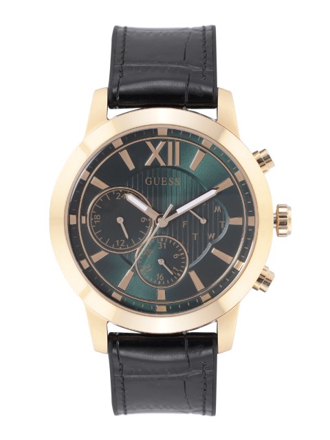 

GUESS Men Green Dial & Black Leather Textured Straps Analogue Watch GW0219G2