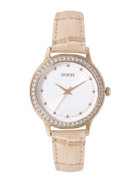 

GUESS Women White Dial & Beige Leather Croc Textured Straps Analogue Watch W0648L3