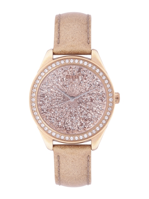 

GUESS Women Rose Gold-Toned Glitter Dial & Leather Straps Analogue Watch W0156L1