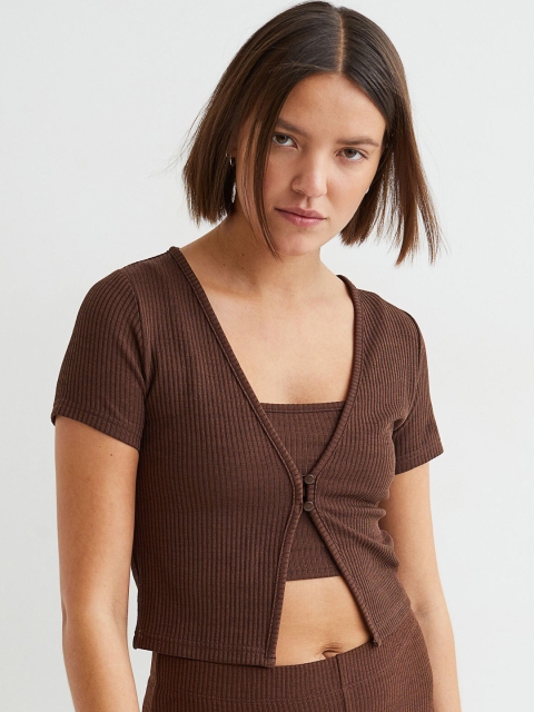

H&M Women Brown Ribbed Jersey Top