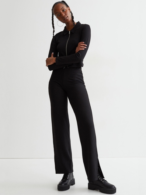 

H&M Women Black Solid Wide Slit-Hem Jersey Trousers