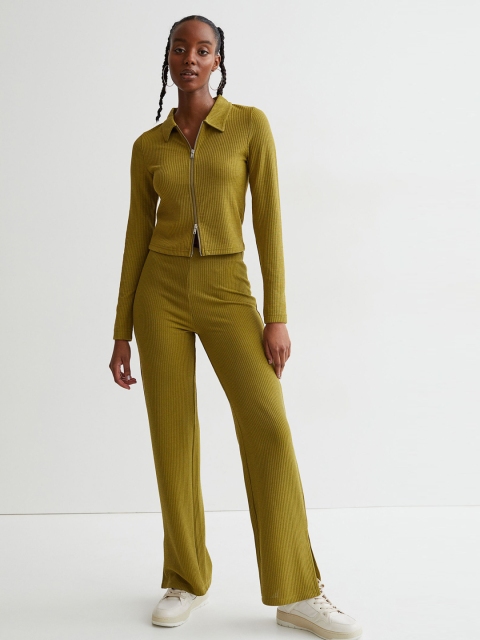 

H&M Women Green Wide Slit-Hem Jersey Trousers