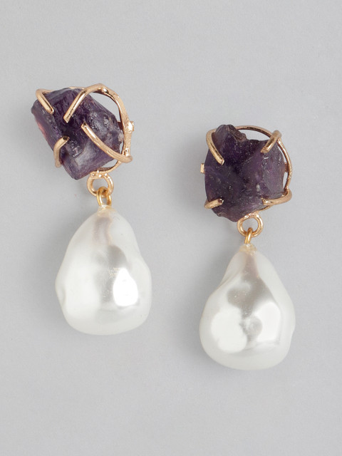 

DressBerry Purple & Off White Classic Stone Studded & Beaded Drop Earrings
