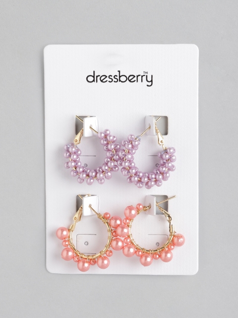 

DressBerry Coral & Lavender Beaded Circular Hoop Earrings