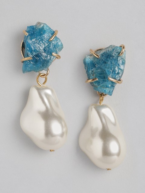 

DressBerry Blue & Off White Stone-Studded & Beaded Contemporary Drop Earrings
