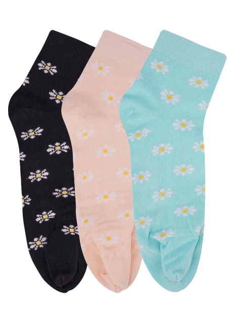 

N2S NEXT2SKIN Pack of 3 Flower Pattern Ankle Length Cotton Thumb Socks, Black