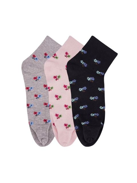 

N2S NEXT2SKIN Pack of 3 Flower Pattern Ankle Length Cotton Thumb Socks, Grey