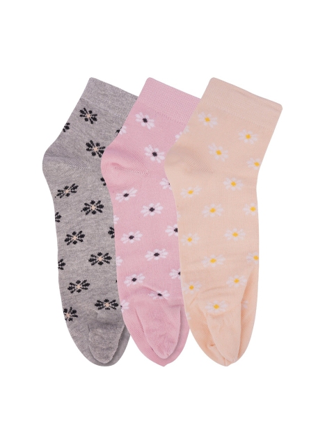 

N2S NEXT2SKIN Women Pack of 3 Grey & Pink Ankle Length Cotton Flower Pattern Socks