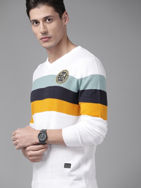 

The Roadster Lifestyle Co Men White & Navy Blue Striped Pullover