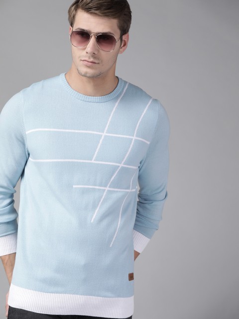 

The Roadster Lifestyle Co Men Blue & White Self Design Pullover