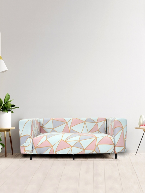 

HOUSE OF QUIRK Pink & Sea Green Printed 4-Seater Stretchable Non-Slip Sofa Slipcover