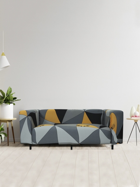 

HOUSE OF QUIRK Grey & Mustard Printed 4-Seater Stretchable Non-Slip Sofa Cover