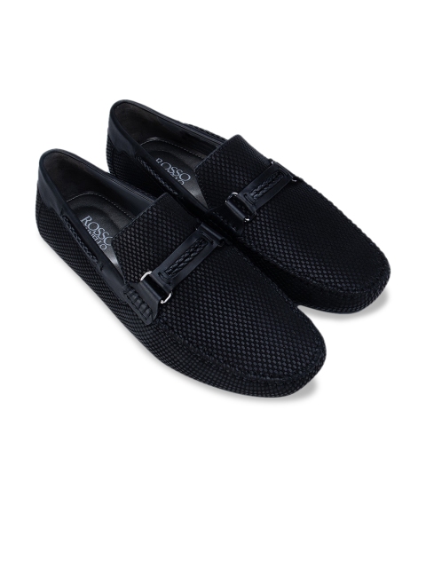 

ROSSO BRUNELLO Men Black Woven Design Leather Boat Shoes