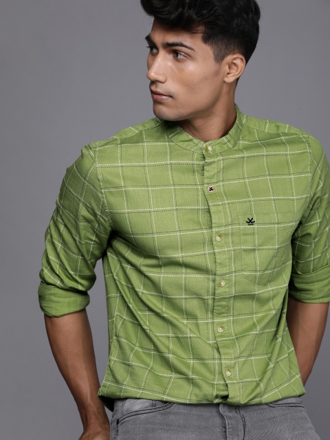 

WROGN Men Green & White Slim Fit Checked Pure Cotton Casual Shirt