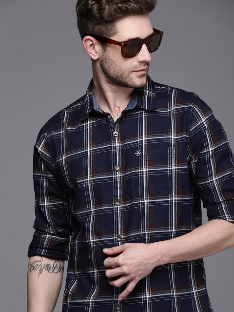 

WROGN Men Navy Blue & Brown Slim Fit Tartan Checked Pure Cotton Casual Shirt