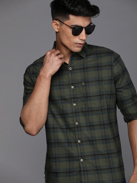 

WROGN Men Olive Green Tartan Checks Slim Fit Casual Shirt