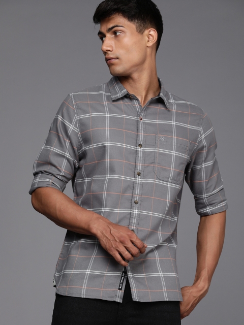 

WROGN Men Grey & White Checks Slim Fit Pure Cotton Casual Shirt