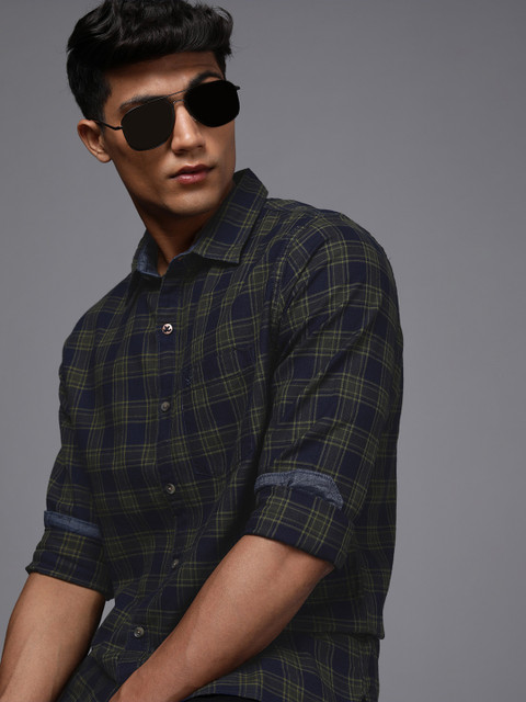 

WROGN Men Green & Black Slim Fit Tartan Checks Pure Cotton Casual Shirt