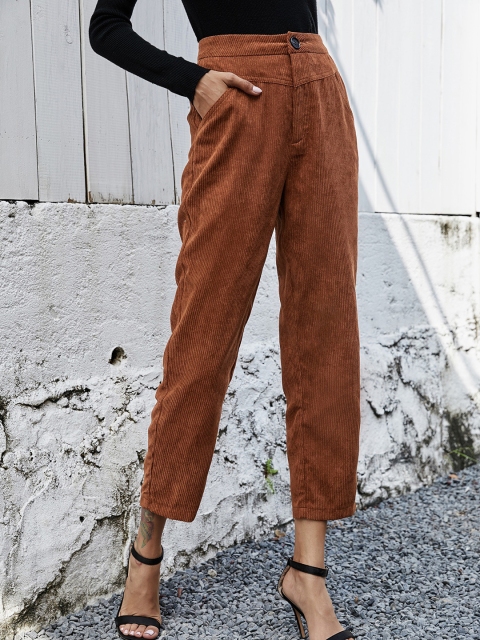 

URBANIC Women Brown Solid High-Rise Corduroy Trousers