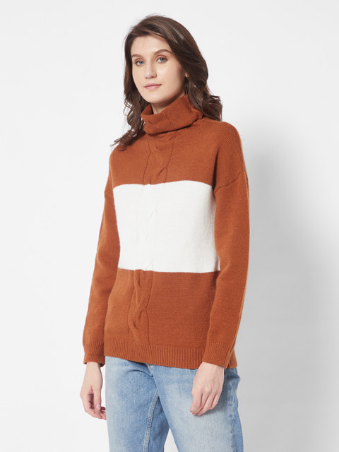 

URBANIC Women Brown & White Cable Knit Colourblocked Pullover