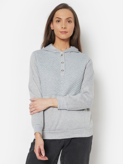 

URBANIC Women Grey Melange Hooded Pure Cotton Sweatshirt