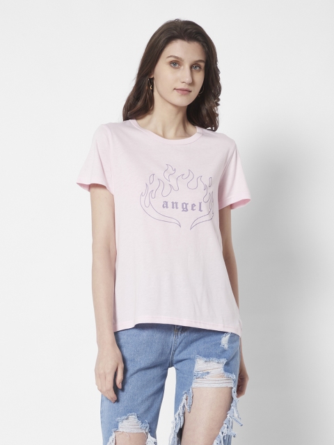 

URBANIC Women Pink Typography Printed Pure Cotton T-shirt