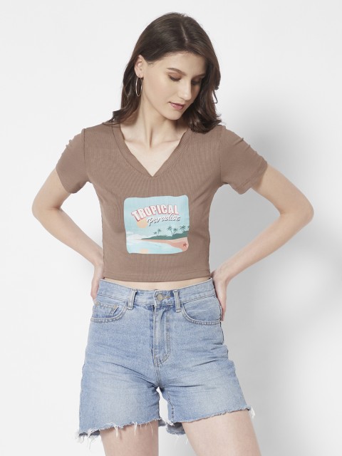 

URBANIC Women Brown Printed V-Neck T-shirt