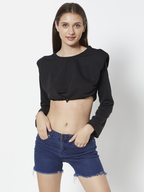 

URBANIC Women Black Ribbed Shoulder Pad Sweatshirt