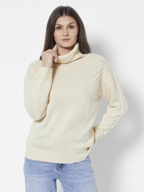 

URBANIC Women Beige Solid Extra-Relaxed Fit Crochet Knitted Pullover Sweater