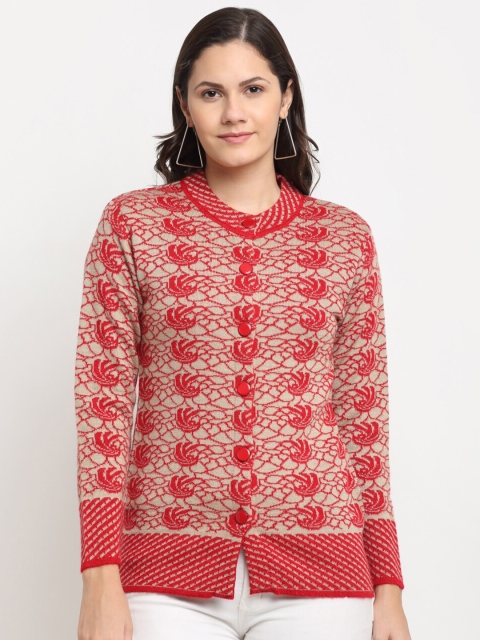 

PERFECT LINE Women Red & Beige Acrylic Cardigan