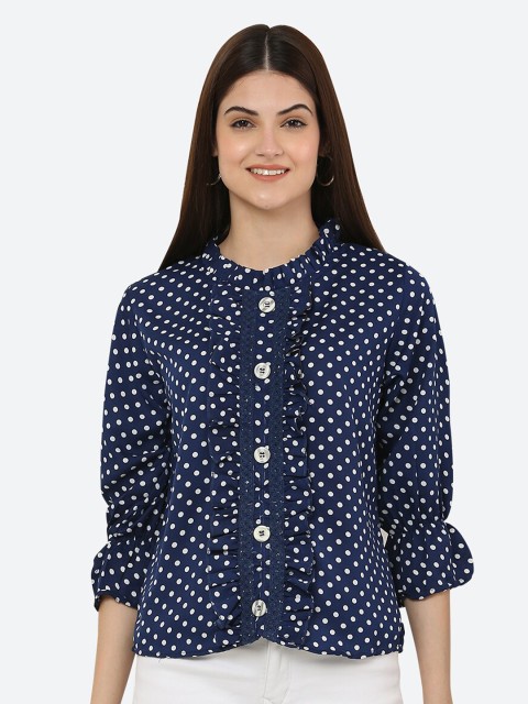 

Ashnaina Blue Mandarin Collar Shirt Style Top