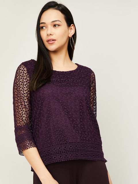 

CODE by Lifestyle Women Violet Self Design Round Neck Regular Top