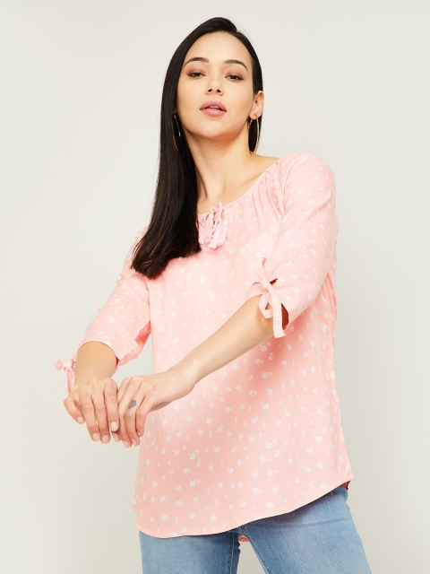 

Fame Forever by Lifestyle Women Pink & White Floral Tie-Up Neck Regular Top