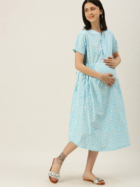 

Nejo Blue Floral Maternity Cotton A-Line Midi Dress