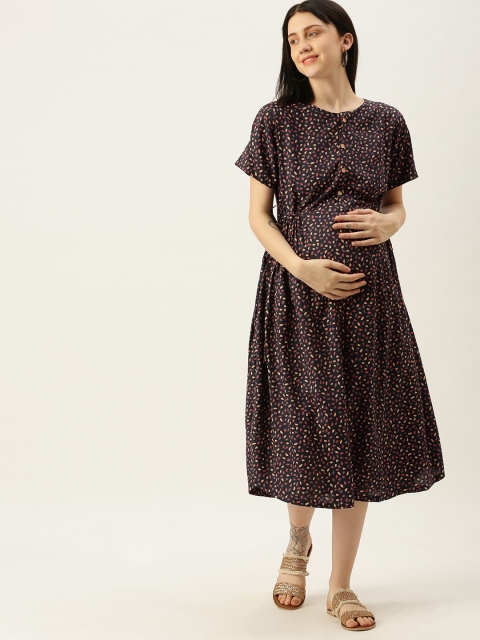

Nejo Navy Blue Maternity Cotton A-Line Midi Dress