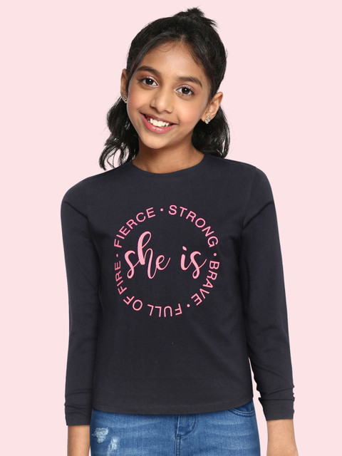 

Noh Voh - SASSAFRAS Kids Girls Navy Blue Typography Printed Pure Cotton T-shirt