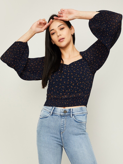 

Ginger by Lifestyle Navy Blue & Yellow Floral Printed Fitted Top