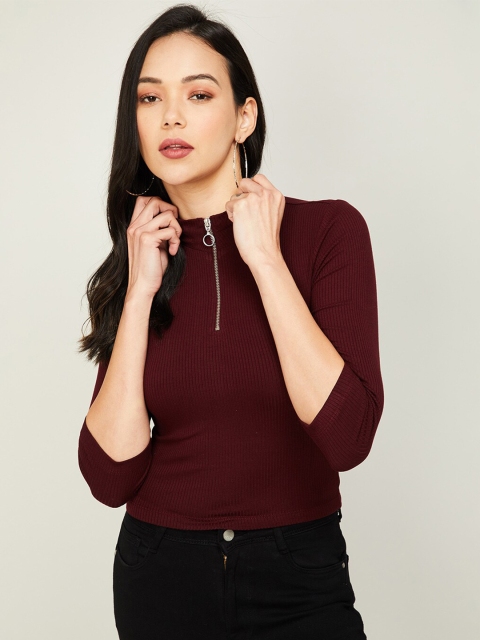 

Ginger by Lifestyle Maroon Solid High Neck Fitted Crop Top