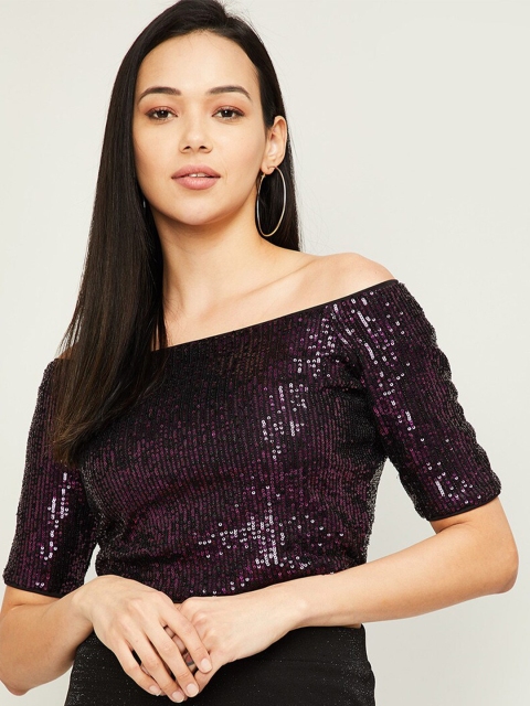 

Ginger by Lifestyle Brown Embellished Off-Shoulder Bardot Crop Top