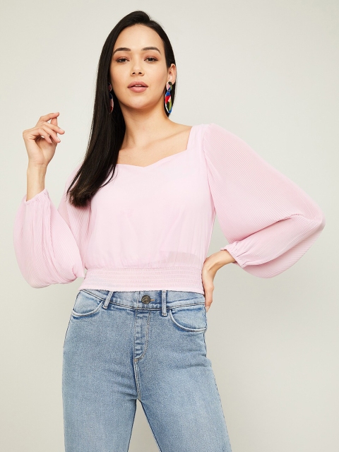 

Ginger by Lifestyle Women Pink Solid Sweetheart Neck Blouson Top