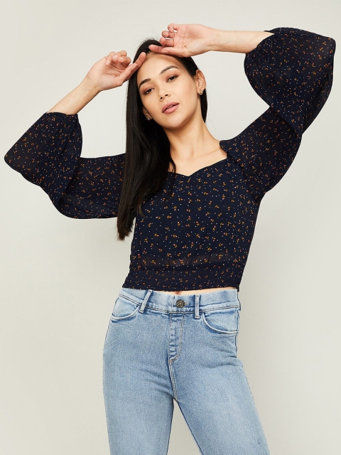 

Ginger by Lifestyle Navy Blue & Yellow Floral Sweetheart Neck Blouson Top